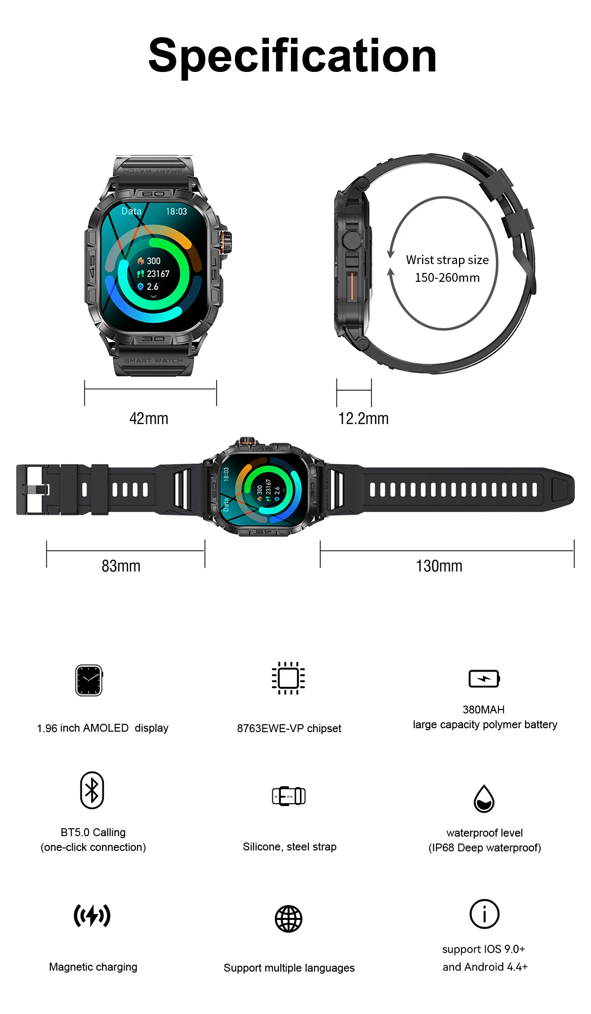  Ʈ ġ ȵ̵ AI  Ʈġ, 1.96 ġ AMOLED HD ũ,  , IP68 , 22mm Ʈ, K63