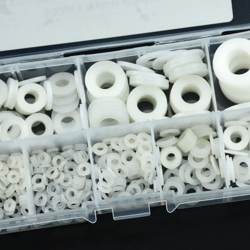 

500Pcs/Box M2 M2.5 M3 M4 M5 M6 M8 M10 White Plastic Nylon Washer Flat Spacer Washer Seals Gasket O Ring Assortment Kit