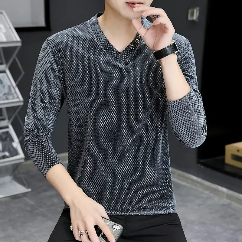 Ropa masculina, camisetas negras para hombres, camisetas con cuello en V, ajustadas, abotonadas, ajustadas, a granel, coreanas, de otoño, de alta calidad, camisetas F de manga larga, nuevas A