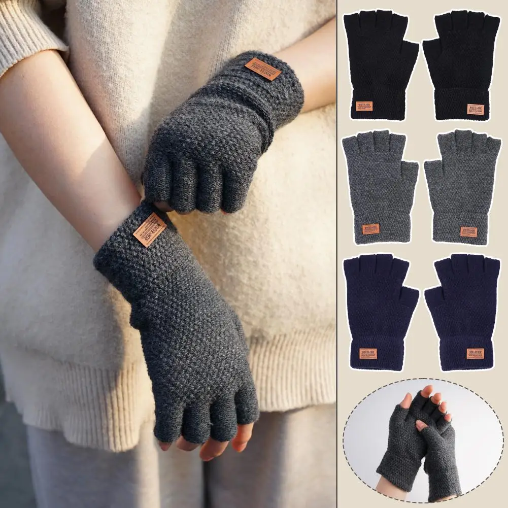 

Thick Wool Winter Fingerless Gloves For Men Half Finger Writting Office Knitted Warm Label Thick Elastic Outdoor Driving Gl O2A9