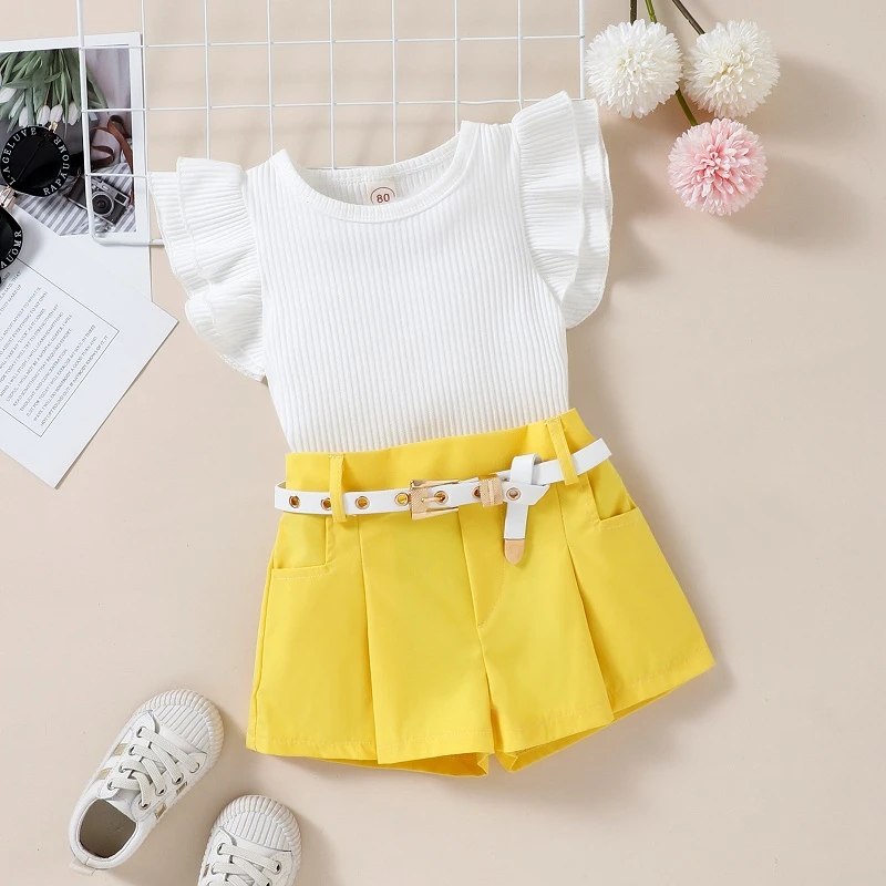 Baby Clothing Set near me Summer 2022 new pit strip fly sleeve white top and shorts with belt set fashion 1-5-year-old baby girl clothes outdoor suit Baby Clothing Set expensive