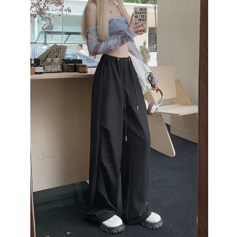 Korean Internet Celebrity Personalized Work Pants for Women with Elastic Waist Drawstring Straight Tube Casual Loose Wide Leg 4
