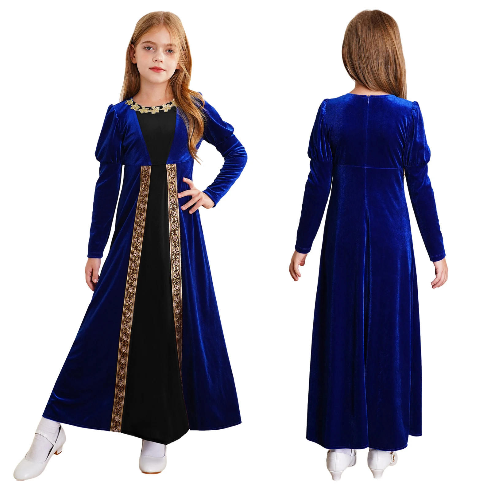thumbnail image 1 of Vestido de Cosplay Medieval renacentista para niñas, disfraz de manga larga con flores doradas, vestido de princesa Retro, disfraz romano antiguo, 1 of 5
