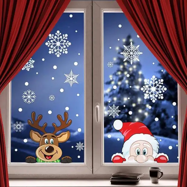 2pcs,Christmas decoration snowflake sticker Santa Claus elk snowman cross-border glass sticker electrostatic