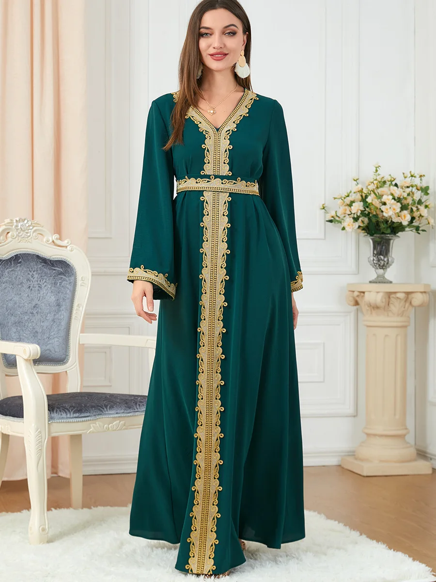 

Dresses For Muslim Women Lace Embroidery V-Neck Long Sleeve Party Maxi Dress With Belt Elegant Moroccan Kaftan Turkey Wears