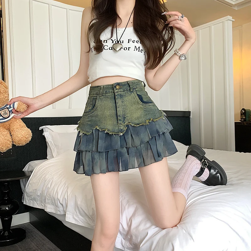 

High Waist Sexy Short Mini Skirts Women Summer Patchwork Vintage Pleated Skirt Y2k Women's Stylish Jean Skirts with Shorts Babes