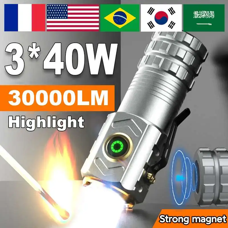18650 초강력 LED 손전등, 초강력 손전등, 고출력 전술 랜턴, 30000LM