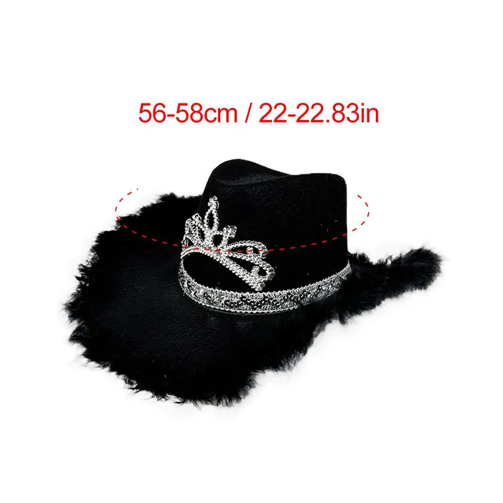 Wide Brim Pink Fur Brim Cowboy Hats Cowgirl Party Carnival Western Hats Stylish Glitter Crown Sequin Feather Caps For Women's