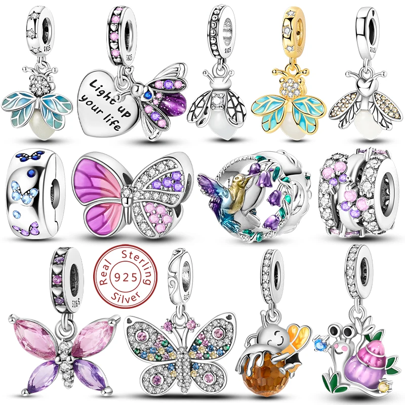 Original 925 Sterling Silver Charm Bead Pendant Firefly Butterfly Bee Dragonfly Beads Fit Bracelet Necklace Woman Jewelry Gifts