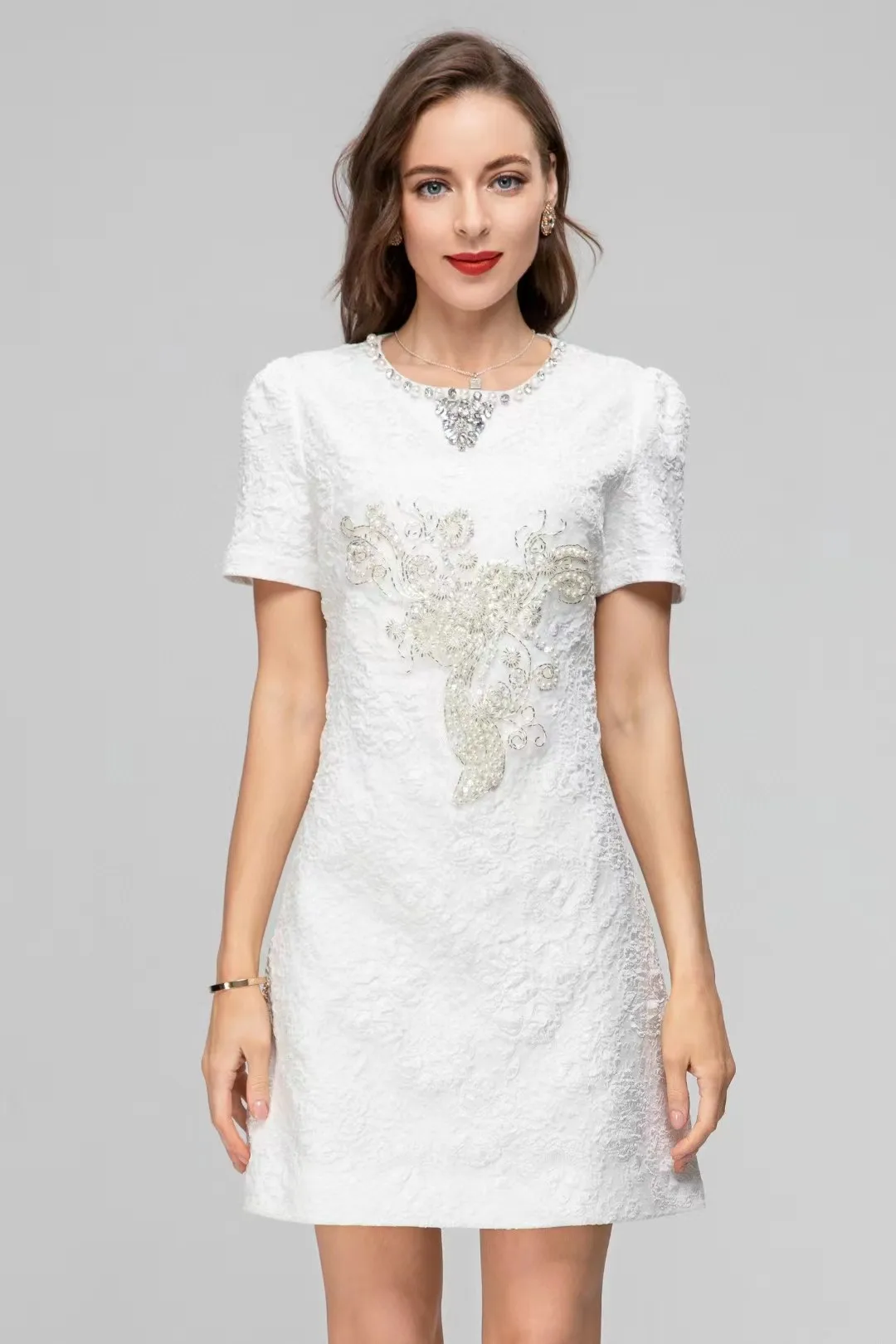 

Women's White Small Fragrance Dress, High-Grade Texture, Retro-Printed Luxury Naked Bead, Short-Sleeved, Spring, 2024