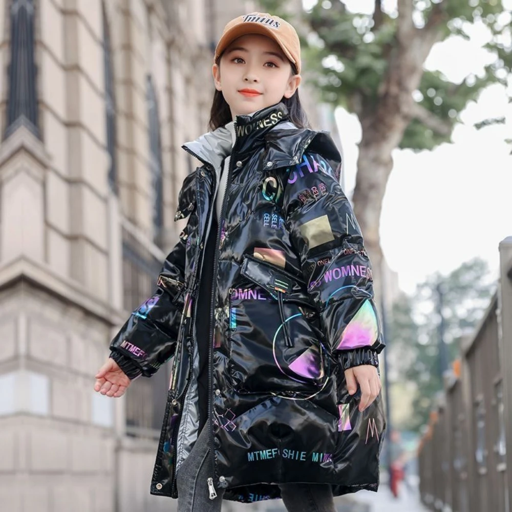 

Fashion Mid-Length Girls Printed Hooded Zipper Korean Casual Thicken Glossy Down Cotton Padded Warm Winter Children No-wash Coat
