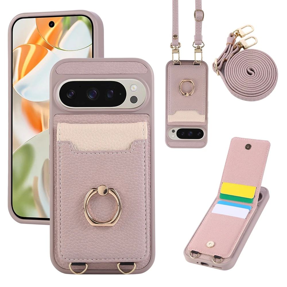Premium Crossbody Leather Phone Case with Ring Bracket, Card Holder, and Lanyard Strap