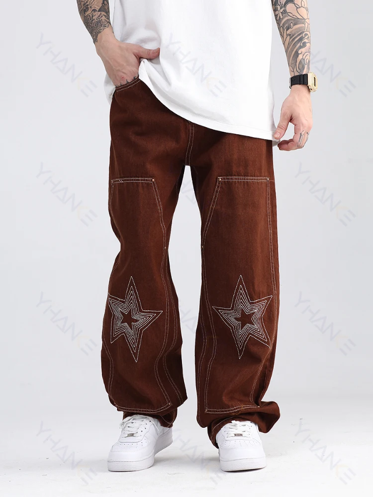 Four Seasons Brown Mid Waist Loose Embroidered Jeans Men's Hip Hop Jeans  Straight Loose Boyfriend Pants Y2k Ins Hot Sale Jeans - Jeans - AliExpress