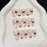 10pcs Handmade Press on Nails Black Bow Design Fake Nails Wearable Full Cover Shiny Nude Pink Cat Eye French Fake Nail Tips
