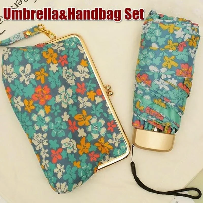 Women Ultralight Mini Flat Handle Five Fold Umbrella Floral Sunny and Rainy Umbrella Rain With Storage Handbag