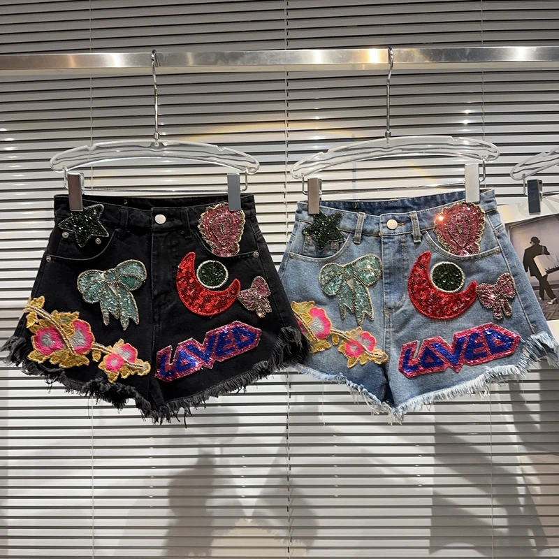 

2023 Summer New Moon XINGX Handmade Sequined Heavy Industry Frayed Three-Point Denim Shorts Hot Pants