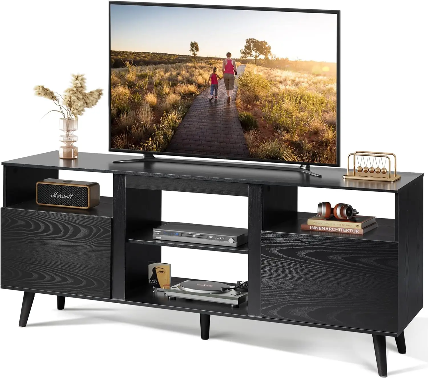 

Mid-Century Modern TV Stand for 65" TV, TV Console Cabinet, Open Shelves Entertainment Center for Living Room and Bedroom,