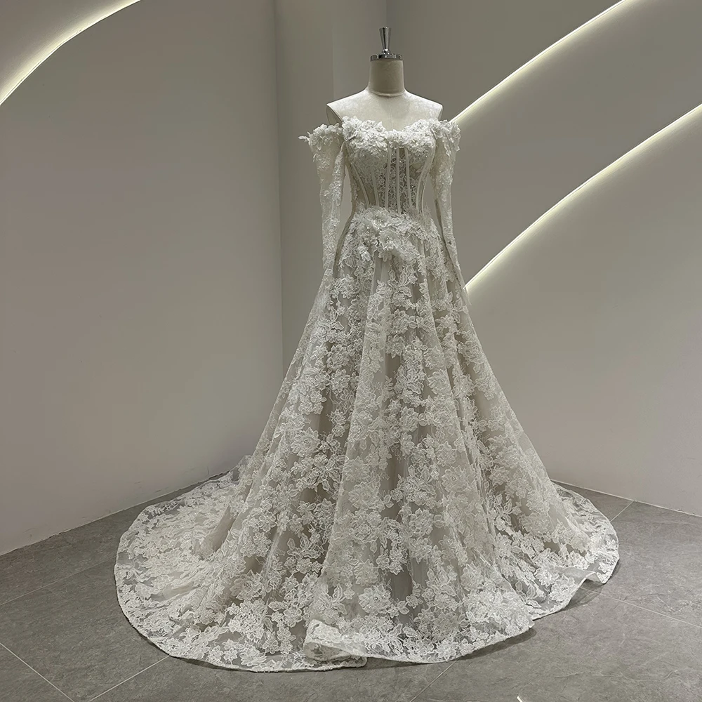SL-9576 Customized SuLi Lace Wedding Dress For Women Brides Robe De Mariee Off Shoulder Long Sleeve Custom Made Wedding Gowns