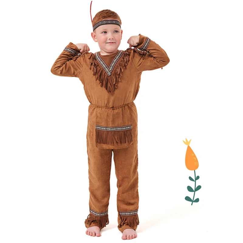 Kids Cosplay Costume Kids Halloween Native Costume Boys Brown Color American Indian Tribal Warrior Outfits