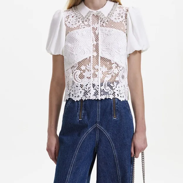 

Women Lace Hollow Out Embroidery Peter Pan Collar Beaded Blouse