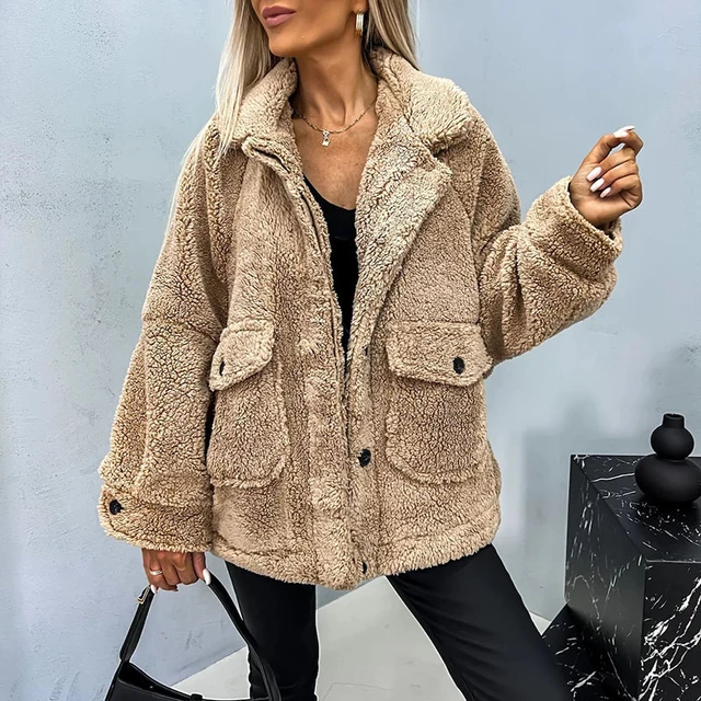 Winter Loose Fleece Warm Coat Office Lady Turn-down Collar Single Breasted  Short Jacket Casual Solid Pocket Long Sleeve Outwear - AliExpress