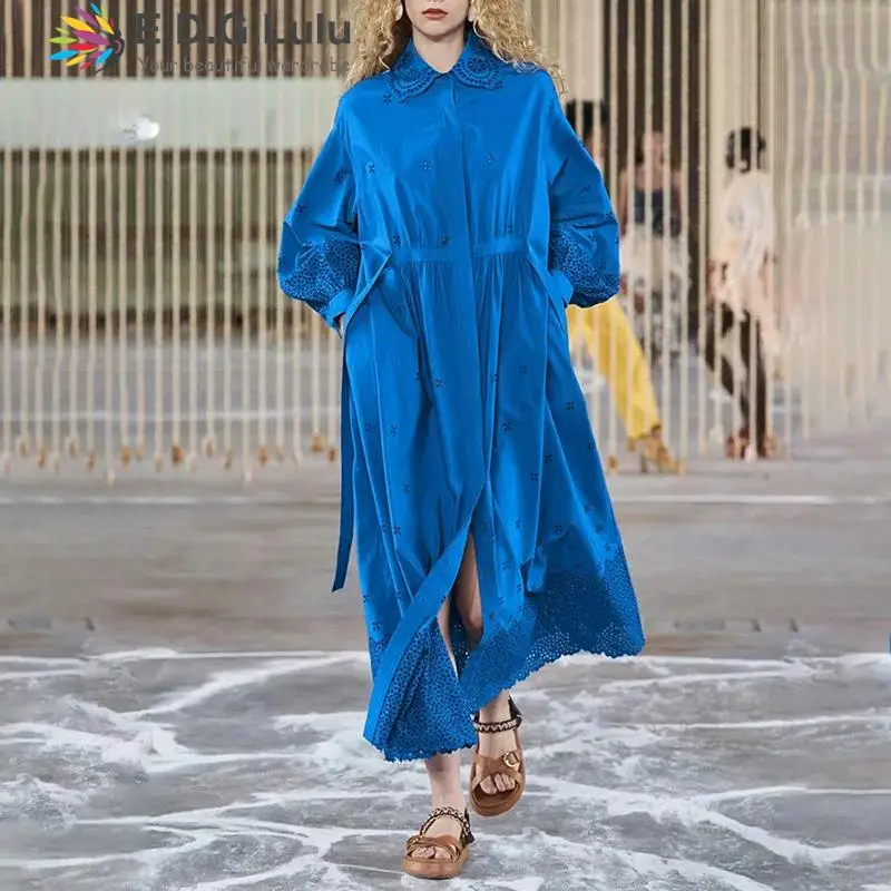 

EDGLuLu 2 Piece Sets Women Outfit Turn-Down Collar Hollow Embroidered Lace Long Dress+Solid Color Suspender Blue Red Suit 1125