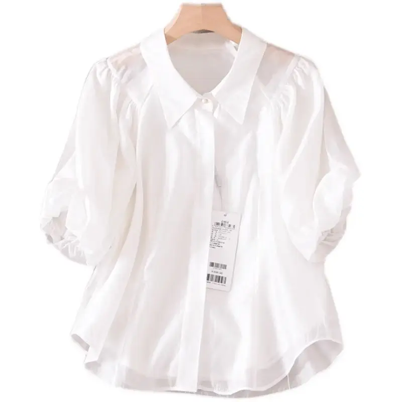 Stylish Solid Color Blouse Commute Turn-down Collar Women's Clothing Button Loose 2023 Summer Puff Sleeve Korean All-match Shirt