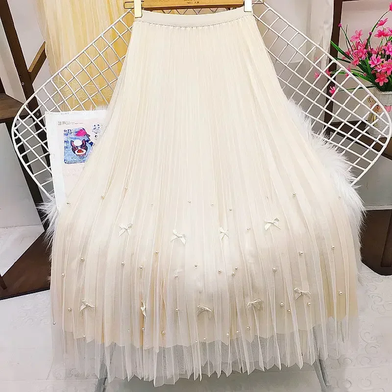 

Elegant Bow Tulle Skirts Women 2024 Fashion High Waist Causal Faldas Sexy Korean Beading Mid Length A Line Pleated Skirt P499