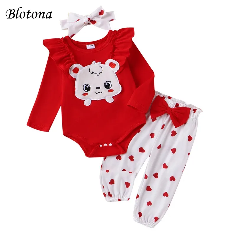 

Blotona Infant Baby Girl Valentine's Day 3Pcs Outfit Long Sleeve Ruffled Romper with Heart Pants and Bow Headband Set 0-18Months