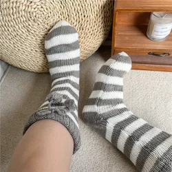 Fuzzy Sock Striped Womens Winter Warm Sleeping Soft Comfy Female Plush Non slip Grip Fur Ball Short Floor Slippers thermal Sock