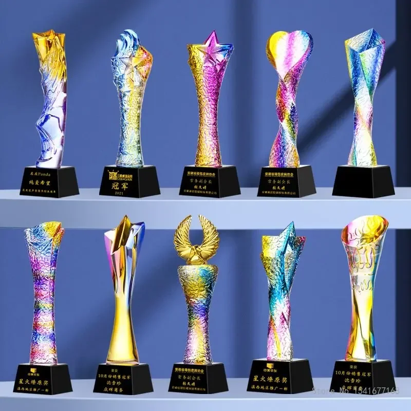 Customized Pentagram Crystal Trophy, Creative Color, Lettering Excellent Staff's Anniversary Award Commemorative Home Decor, 1Pc
