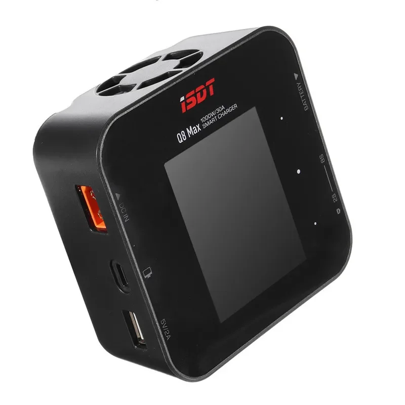 Chargeur ISDT Q8 1000W 30A connecté à une batterie LiPo, affichant les paramètres de charge sur l'écran