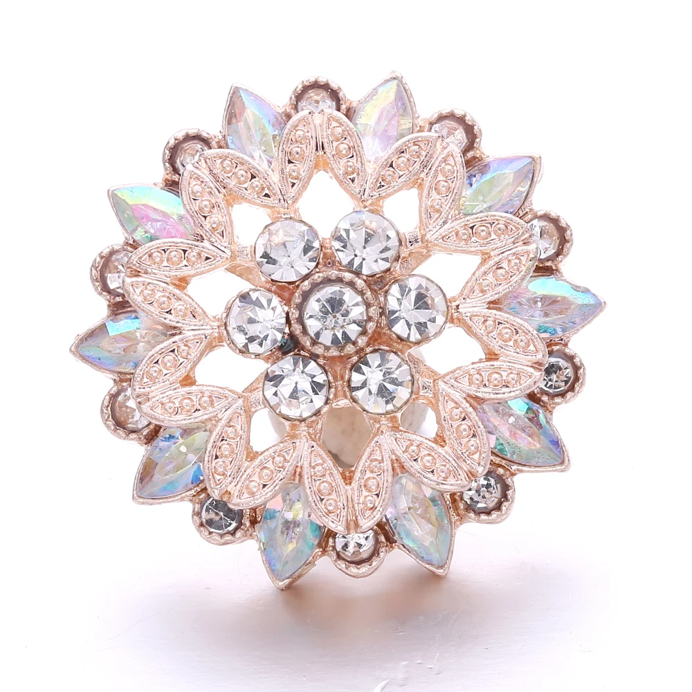 15pcs Newest Rose Gold Rhinestone Flower 18mm Snap Buttons Fit 18mm Snap Button Bracelet Necklace