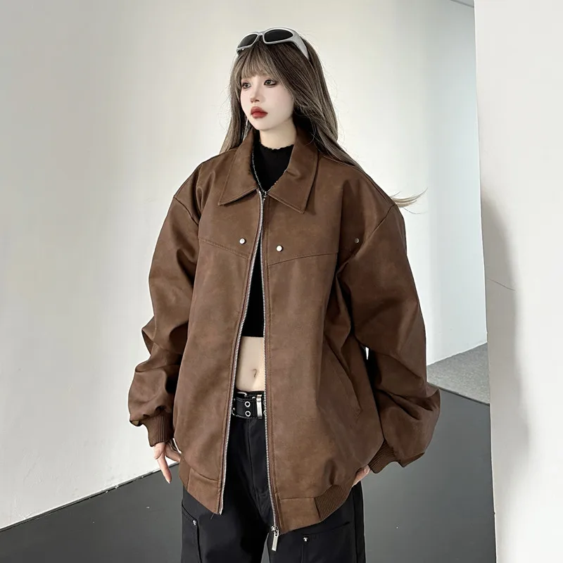 Brown Loose Jacket Women PU Leather Jacket And Women's Autumn Oversize High-end Rivet Jacket Trend