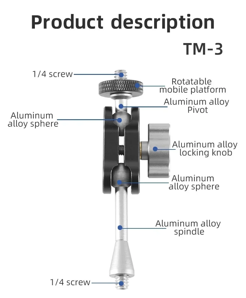 Description Picture 5 of itemMini Magic Arm Double Ball head 1/4 inch Screw for SLR Camera Tripod Camera Cage Rig LED Video Light Microphone Field Monitor