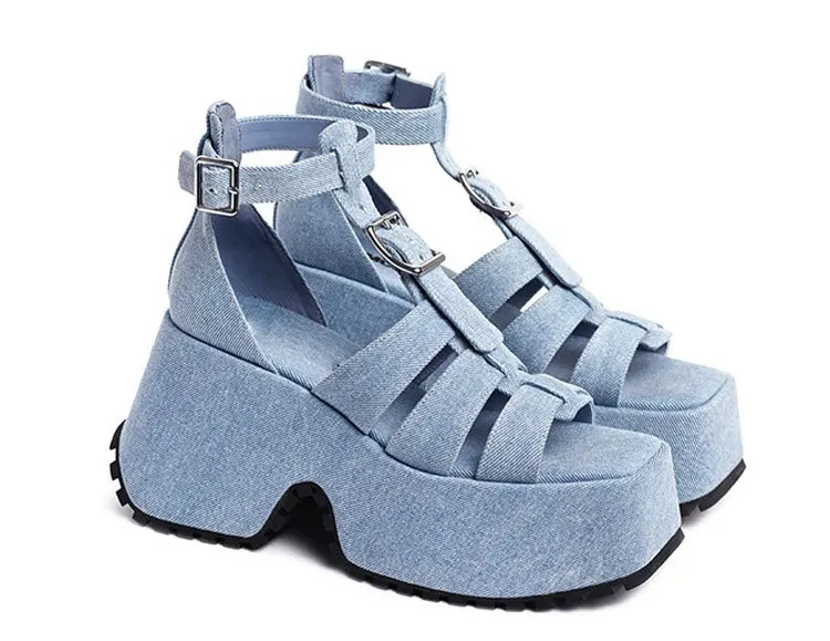 

New Arrivals Denim Thick Sole Platform T-strap Sandals Women Square Peep Toe Buckle Strap Cover Heels Party Daliy Shoes 2023