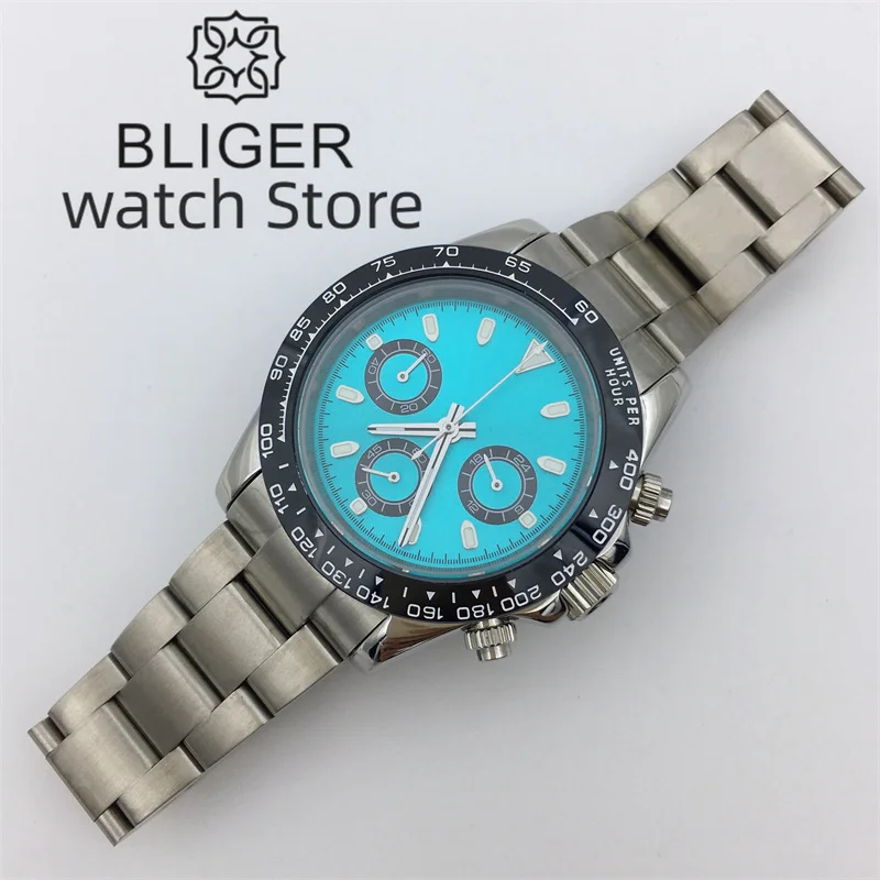 BLIGER Luxury Fashion Quartz Chronograph Business 39mm Sapphire Crystal Men's Watch VK63 Movement Ceramic Bezel Luminous index