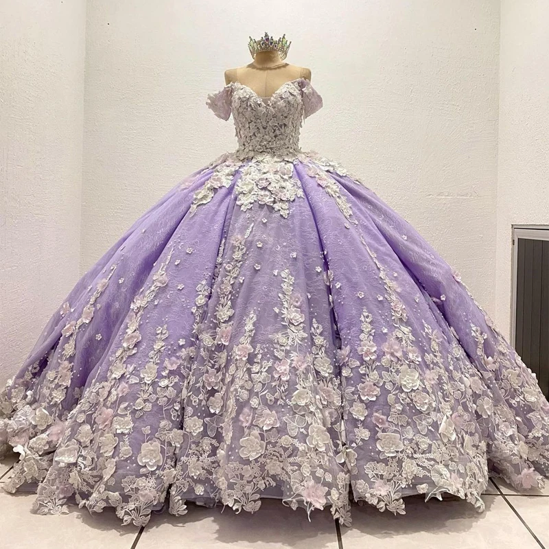 2024 Lavendel Quinceanera Jurk Baljurk 3d Bloemen Appliqueert Kant Zoet 16 Prinses Dresses Vestidos De 15 Años Veterschoenen