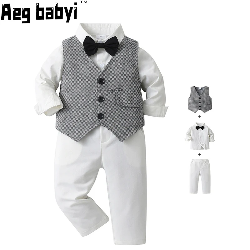 

Children's Suit Set Boy's Long-Sleeved Shirt Bowtie Clothes + Trousers Kids Wedding Birthday Party Costume Gentleman Suit