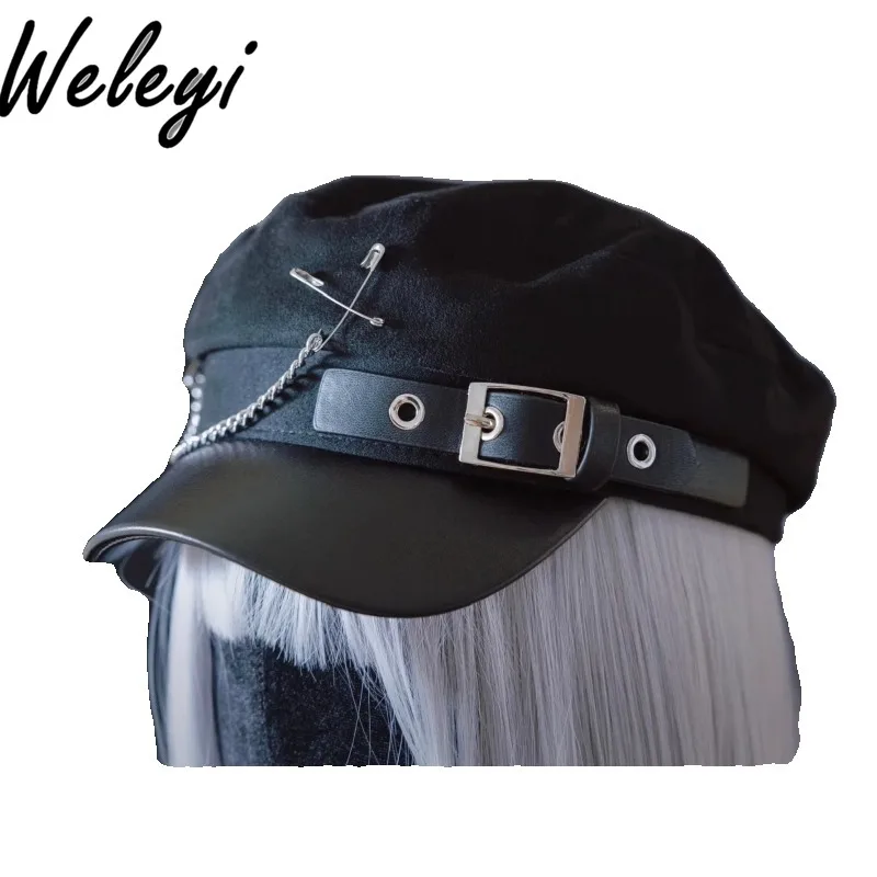 Jirai Kei Kawaii Y2k Hat American Fashion Super Cute Handmade Square Leather Buckle Chain Newsboy Cap Dark Subculture Black Hats