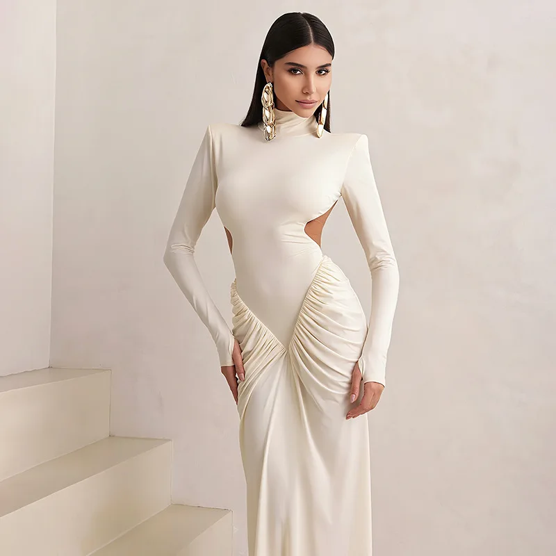 2025 Autumn Backless Maxi Dress Women Shoulder Pads Long Sleeve Waistless Peach Buttocks Ruched Elegant Banquet Skinny Vestidos 3
