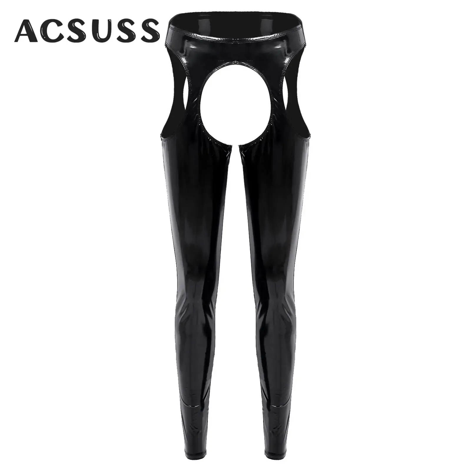 

Womens Erotic Pants Wet Look High Waist Cutout Leggings Sexy Crotchless Open Butt Patent Leather Skinny Pants Party Clubwear