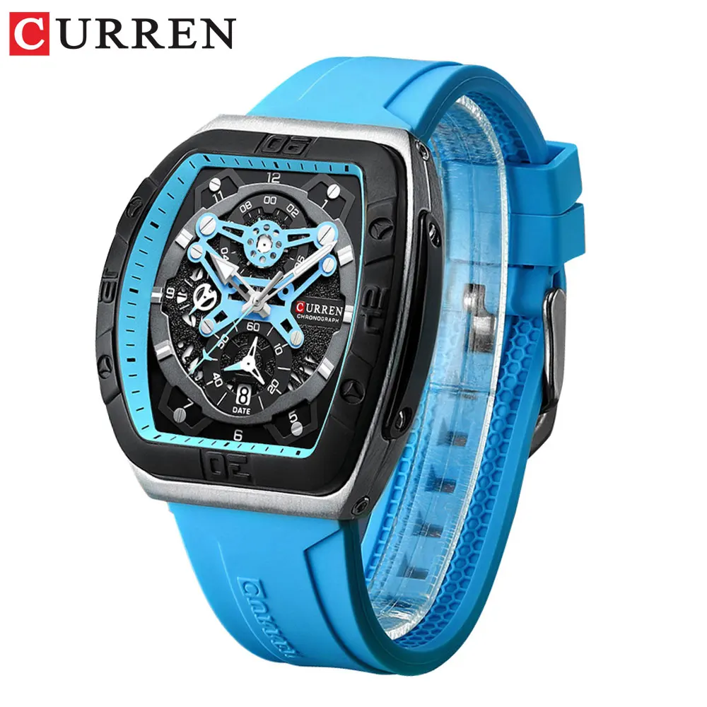 CURREN Creative Fashion Multifunctional Rectangle Quartz Watches New Casual Silicone Strap Men's Wristwatches