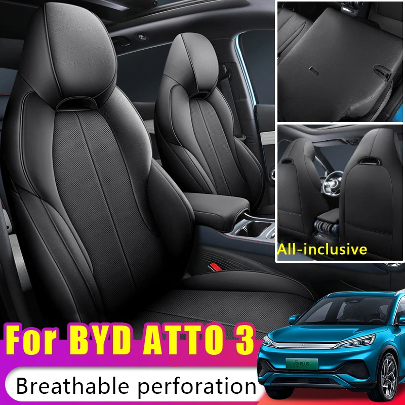 BYD Atto3 Yuan Plus용 통기성 가죽 카시트 커버, 사계절 범용 올 인클루시브 특수 시트 쿠션, 자동차 인테리어