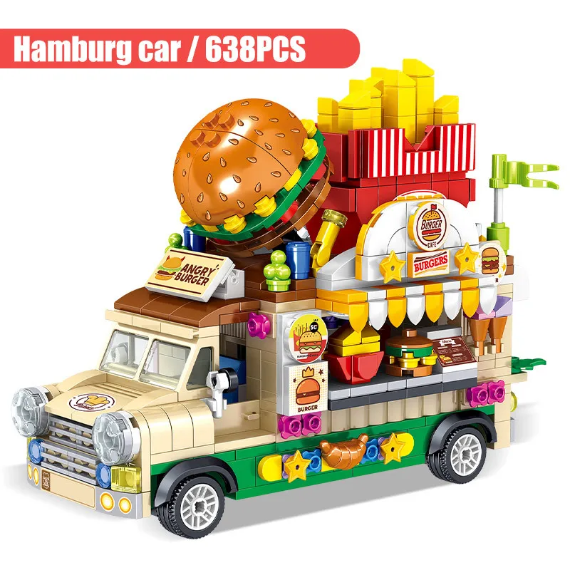 

City Friends Food Shop Street Micro Building Blocks Snacks Dining Car Ice Cream Truck Children Mini Bricks Kids Toys Girls Gifts