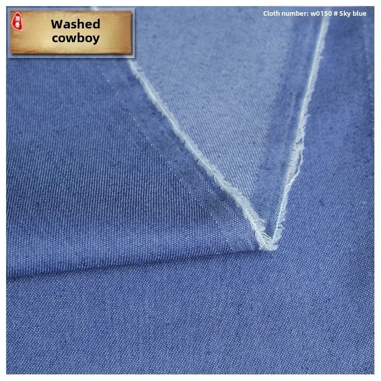 Washed Cotton Polyester Denim Fabric 4.3 Ounces Thin Plain Weave Blue Color for Clothing Making Suitable for Men Women Children
