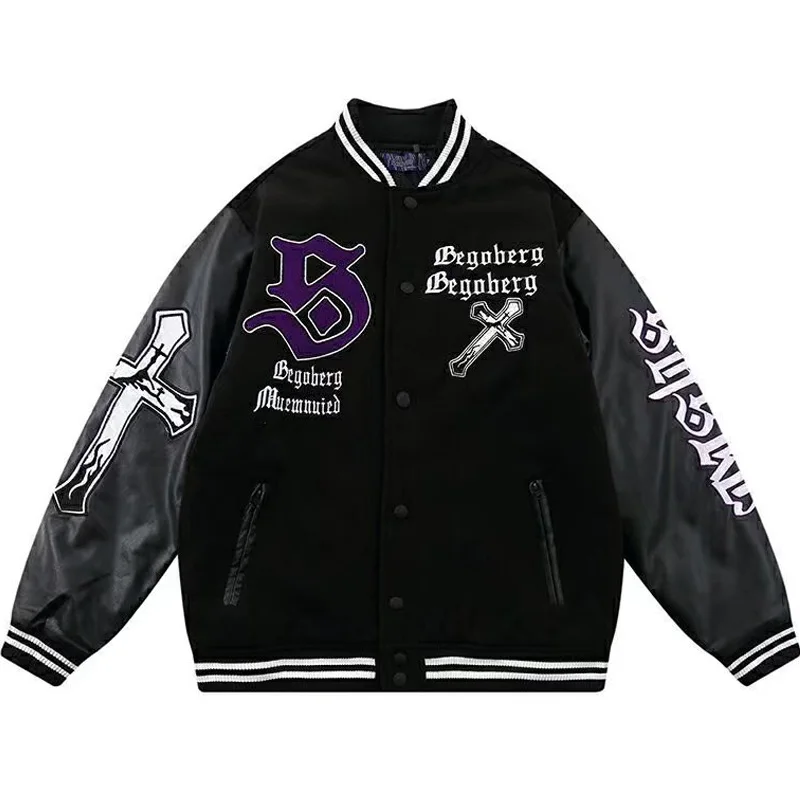 Cross Embroidery PU Leather Stitching Sleeve Varsity Bomber Jacket Couple Spring Autumn Black Retro Baseball Uniform Loose Coat