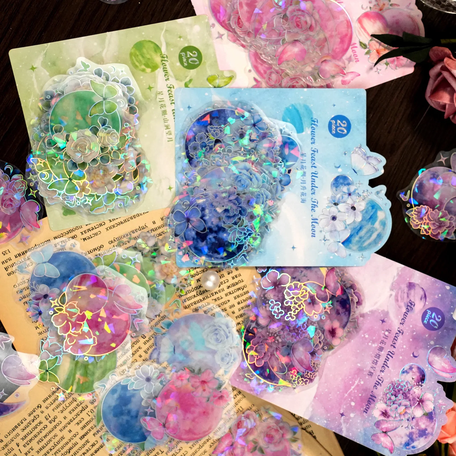 

4 Style 20 Pcs/pack PET Stickers Art Aesthetic Laser Plant Goo Card Diy Handbook Decorative Collage Korean Stationery