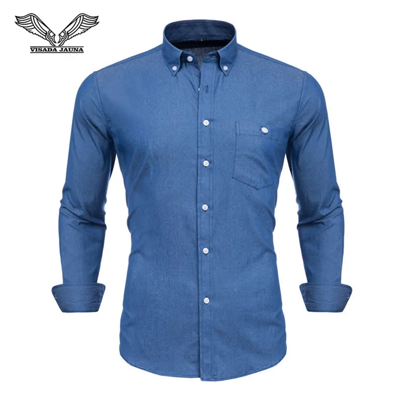 VISADA JAUNA High Quality Men Shirt Jeans Long Sleeve Cotton Solid Casual Business Denim Shirt Brand Man Dress Shirts N5153