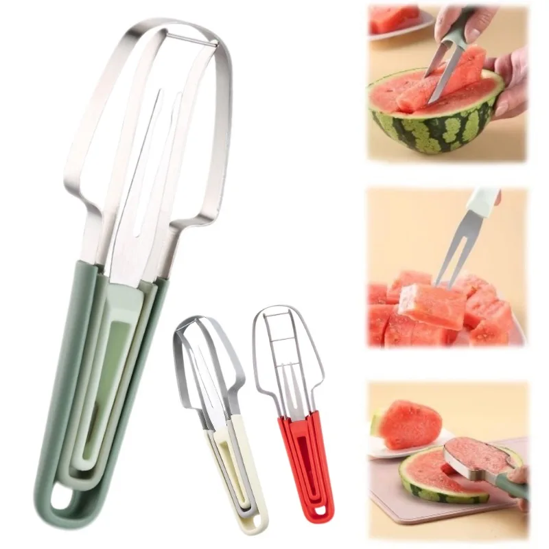 

3 in 1 Watermelon Fork Slicer Cutter Stainless Watermelon Splitter Artifact Fruit Carving Digger Kitchen Accessories Gadgets
